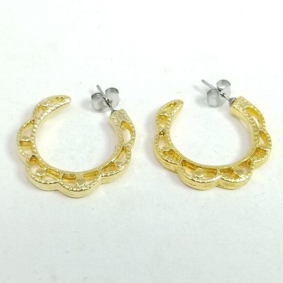 Vintage Wavy Gold Tone Hoop Earrings, Retro 80s 90s Style, Estate - Picture 5 of 5